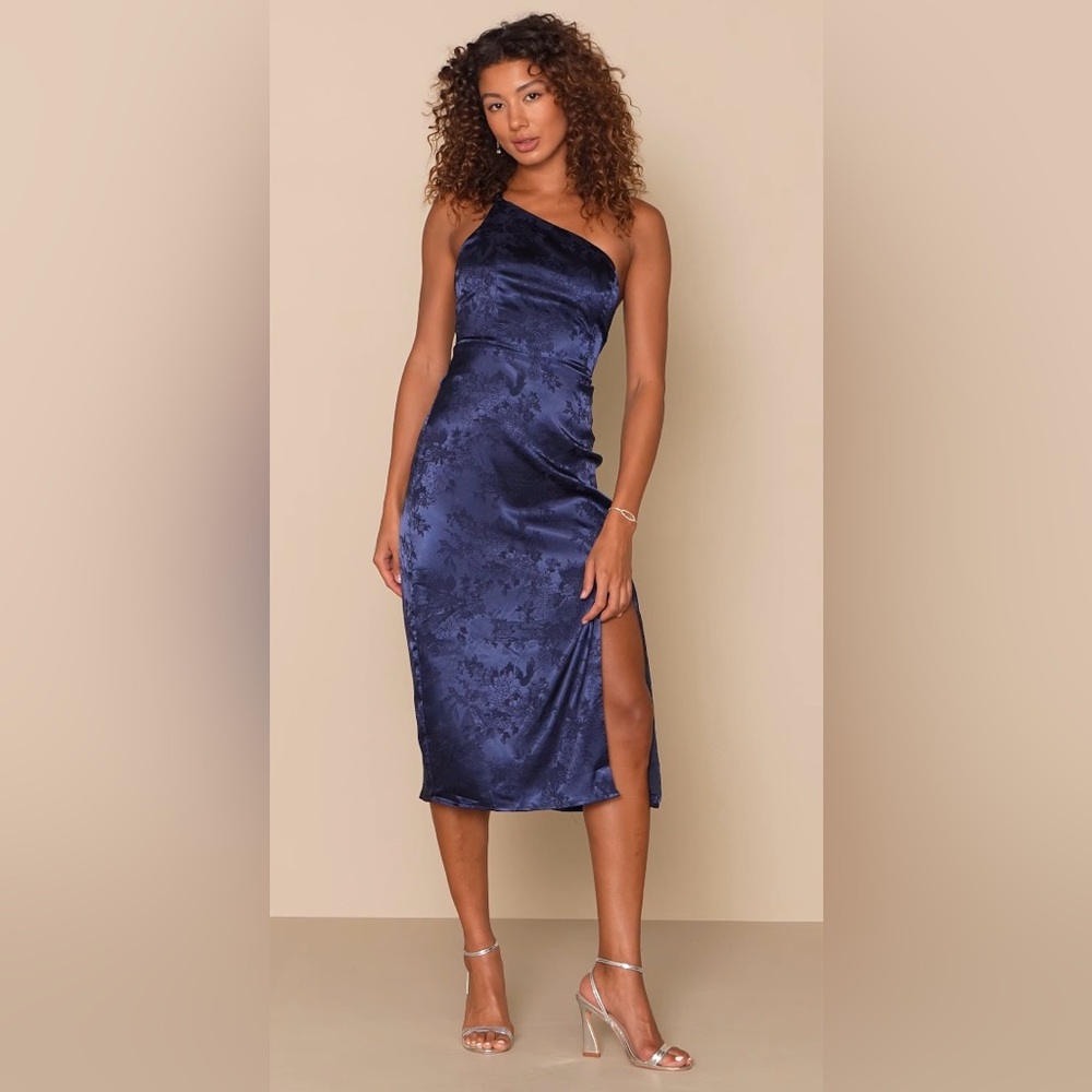 Desirable Dream Navy Blue Satin Jacquard Halter Neck Midi Dress